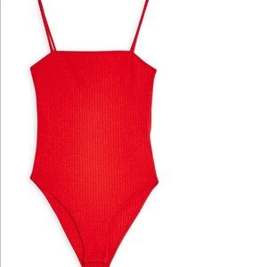 Topshop Red Ribbed Squareneck Bodysuit